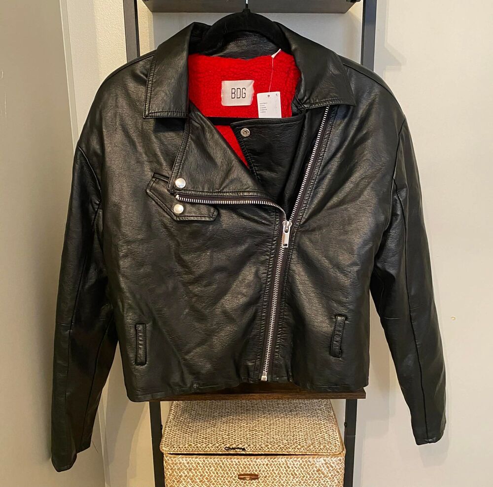 BDG Black Faux Leather Small Cropped Biker Jacket Red Lined NWT Urban Outfitters - Picture 3 of 8